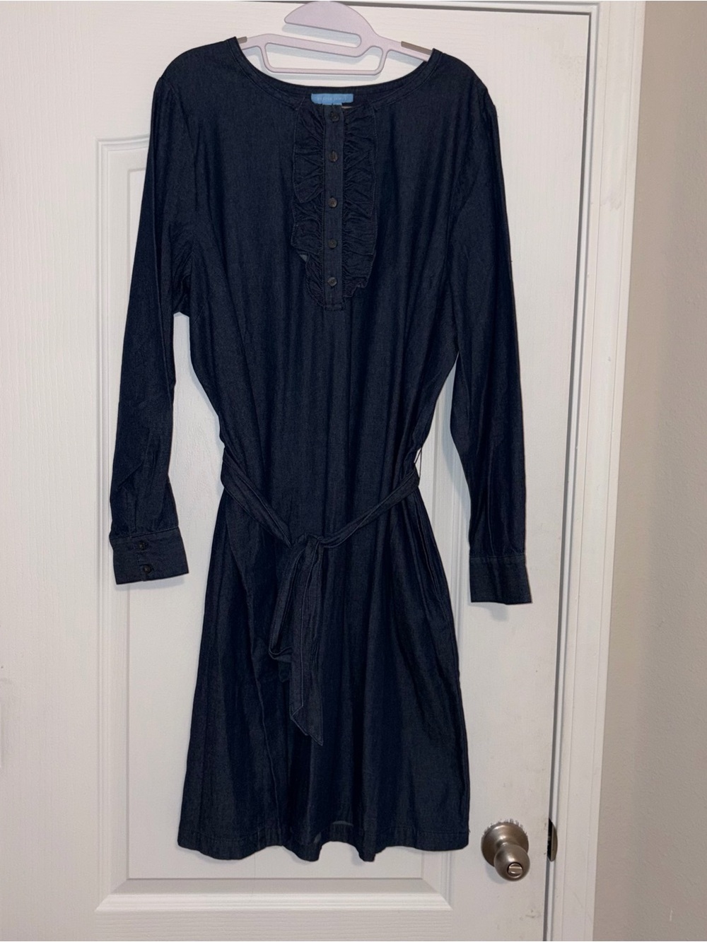 Draper James Blue Denim Long-Sleeve Ruffle-Front Tie-Waist Dress size 18